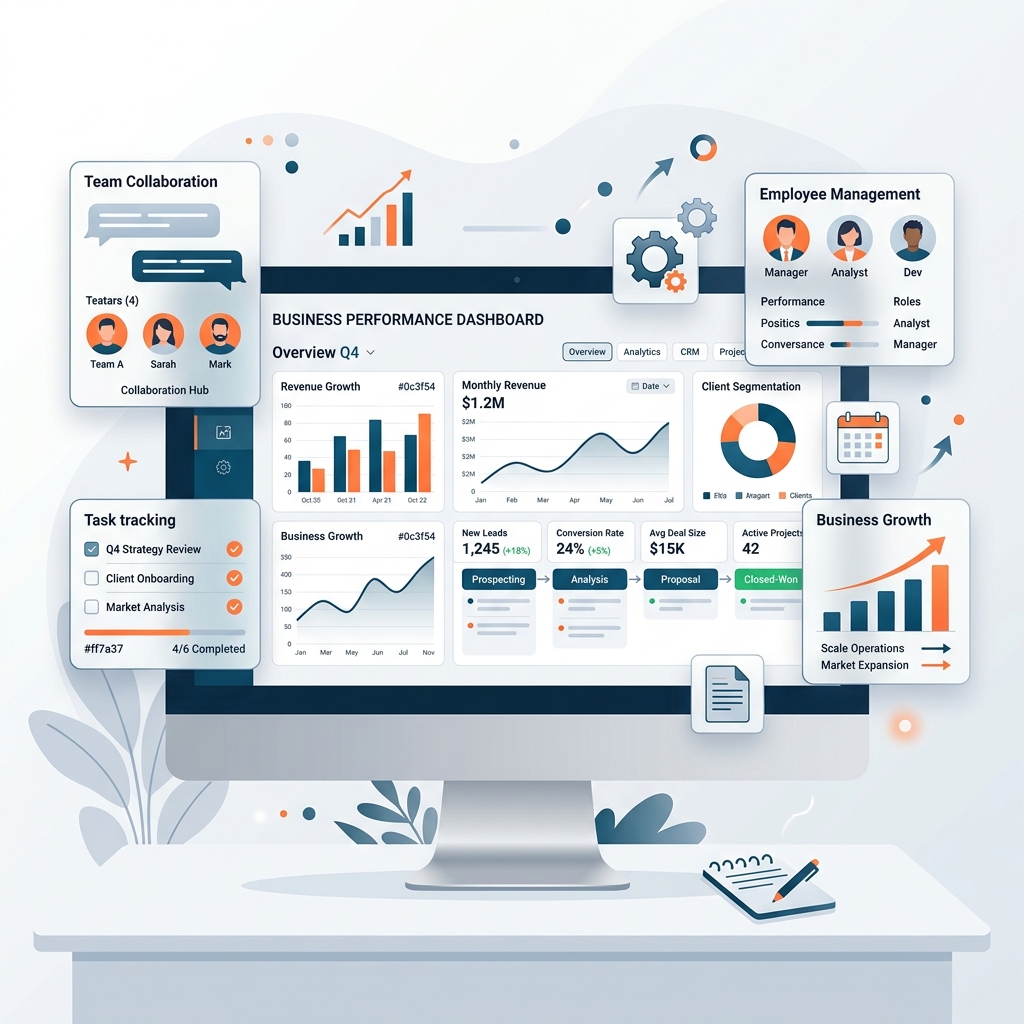 Modern business dashboard showing CRM analytics, workflow automation, team collaboration, and business growth metrics — representing JSRdigi's consulting and technology solutions for organizations.